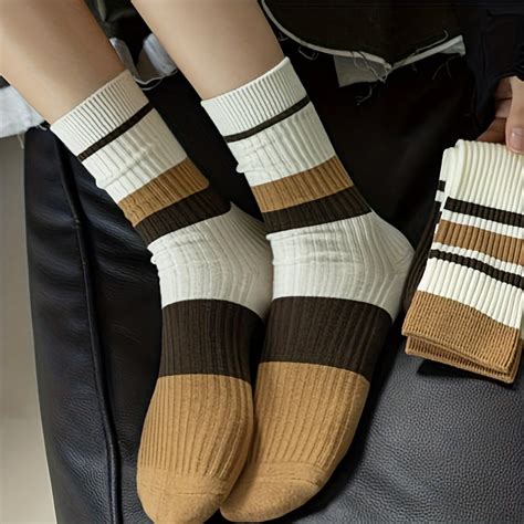 5 Pairs Striped Colorblock Socks Embroidery Crew Socks Women's ...