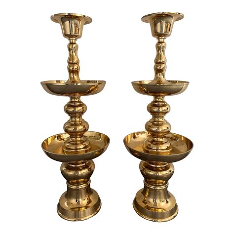 Pair of Very Large Polished Brass Floor Candle Holders | Chairish