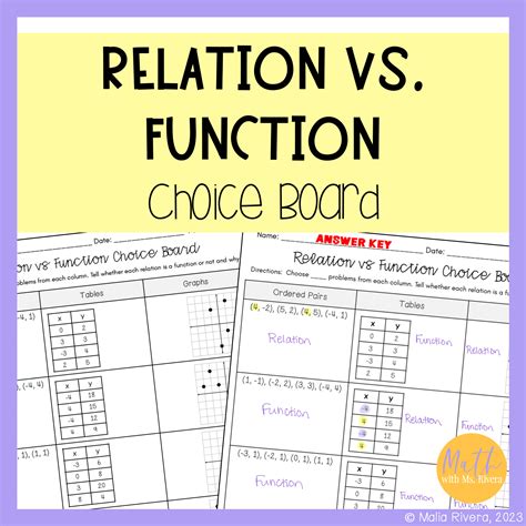 Relation vs Function Worksheet Choice Board for 8th Grade Pre Algebra ...