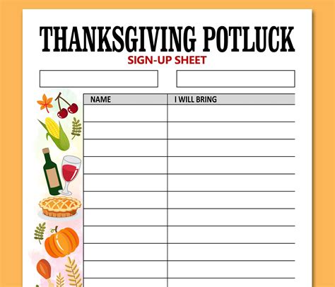 Thanksgiving Potluck Sign up Sheet Printable Letter Size, Thanksgiving Dinner Party Signup Form ...