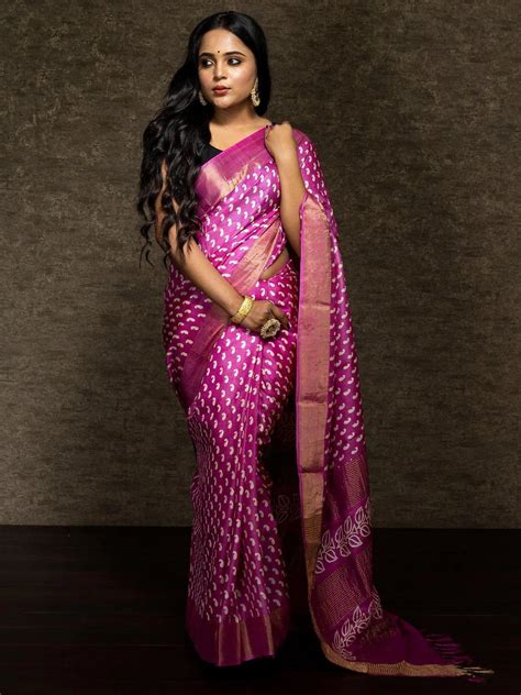 Elegant Frastbite Pink Allover Block Printed Tussar Silk Saree ...