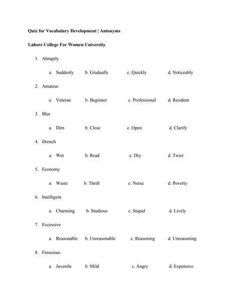 SOLUTION: Vocabulary development antonyms quiz - Studypool