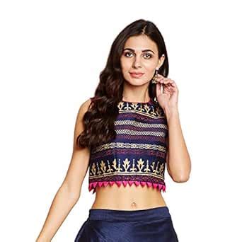 studio rasa Women Semi Dupion Block Printed Crop Top Navy (TPWC418077L ...