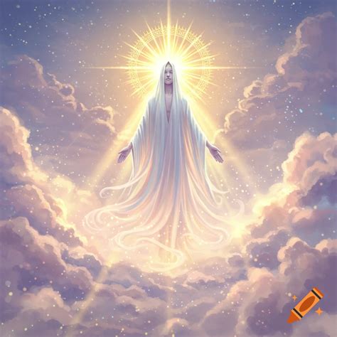 A divine, ethereal figure in flowing white robes with outstretched arms, glowing brightly amidst ...
