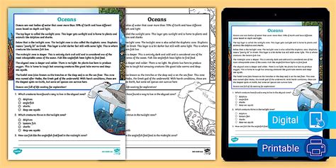 Fifth Grade Oceans Reading Passage Comprehension Worksheet