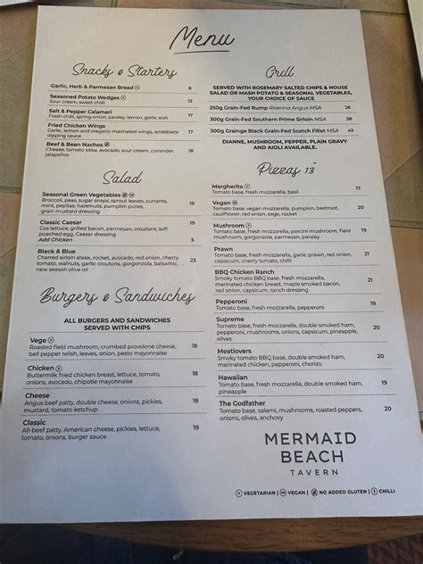 Menu at Mermaid Beach Tavern restaurant, Mermaid Beach