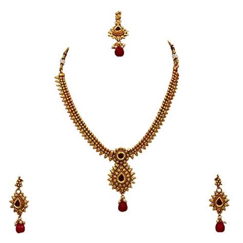 Buy Gemsonclick Pretty Necklace Earrings Set with Maangtika Gold Plated ...