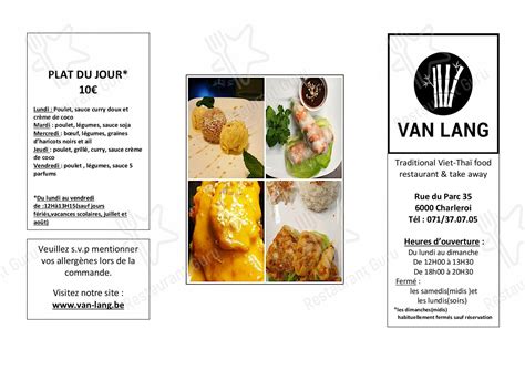 Menu at Van Lang traditional viet-thai food, Charleroi