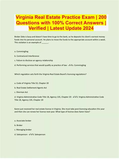 Virginia Real Estate Practice Exam | 200 Questions with 100% Correct ...