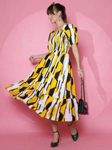 Honky Tonky Women Fit and Flare Yellow Midi/Calf Length Dress - Buy ...