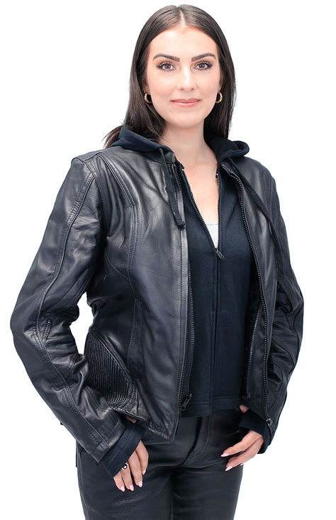 Women's Black Vented Leather Jacket w/Hoodie #L6953HVZRK - Jamin Leather®