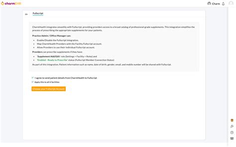 CharmHealth EHR - Fullscript Integration for Online Supplement Orders