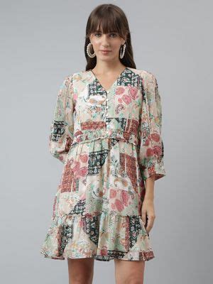 Buy Latin Quarters Women Printed A-line Casual 3-4 Sleeves Beige Dress ...