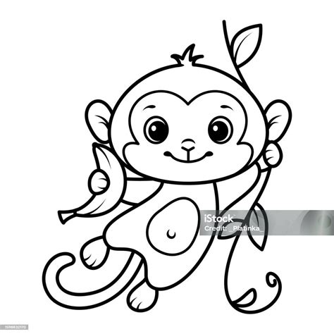 Monkey With Banana Coloring Page Cartoon Vector Illustration Stock ...