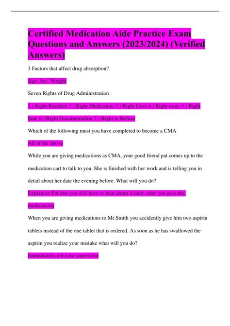 Certified Medication Aide Practice Exam Questions and Answers (2023/ ...
