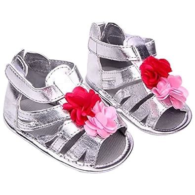 Peach Girls Silver Sandal with Pink Flowers 12-15 Months : Amazon.in ...