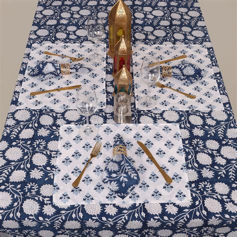 Buy Hand Block Blue Floral Printed Cotton Table Cloth Online – Dmaasa