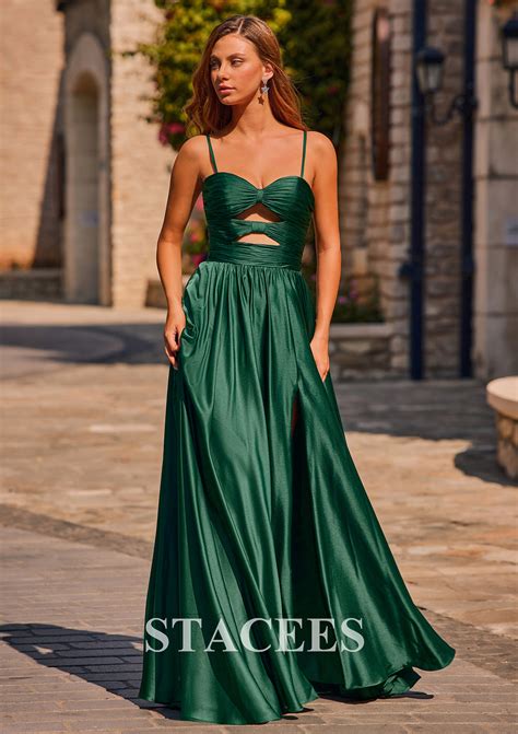 A-line V Neck Satin Floor-Length Prom Dress with Pleated Split S8541P ...