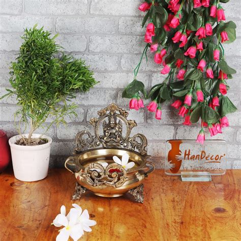 Brass Ethnic Carved Laxmi Design 7 Inches Brass Decor Urli Decor Bowl