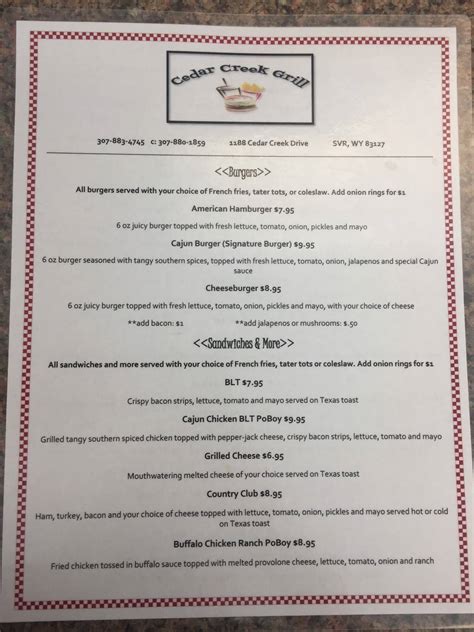 Menu at Cedar Creek Grill restaurant, Star Valley Ranch