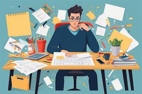 Realistic workspace chaos flat vector illustration of person working at ...