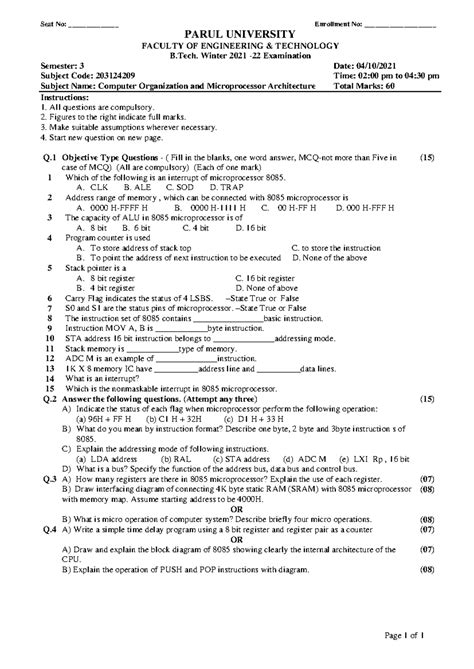203124209 3225 B.Tech Winter 2021 - Question Paper on Microprocessors ...