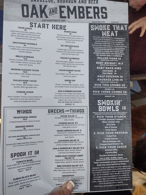 Menu at Oak and Embers Tavern Hudson pub & bar, Hudson