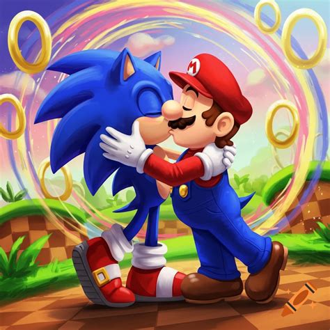 Sonic the Hedgehog and Mario kissing. on Craiyon