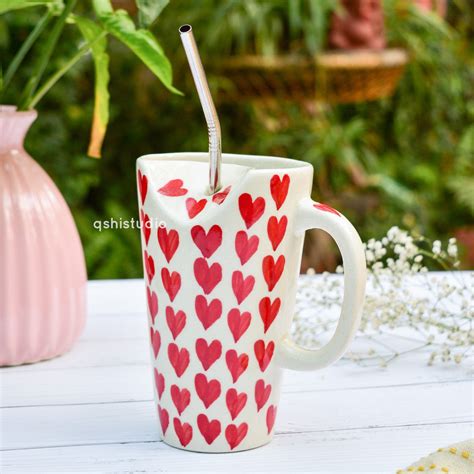 Buy Ceramic Summer Heart Tall Coffee Mug with Stainless Steel – Qshi Studio