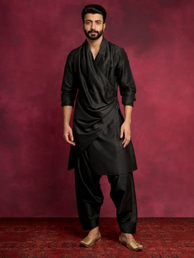 Shop Abhishti Men Black Cotton Silk Banarasi Mandarin Collar Straight ...