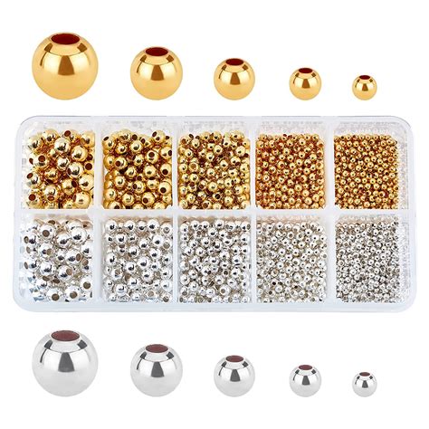 PH PandaHall 2340pcs 5 Size Smooth Round Metal Beads Golden Silver Tiny ...