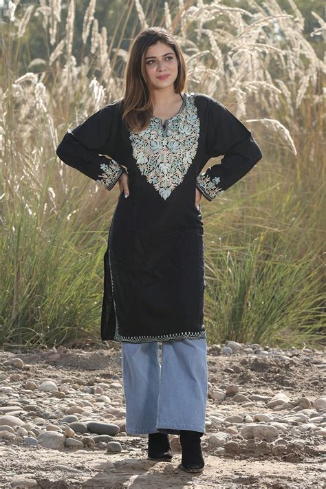 Pitch dark black colour aari work embroidered kurti with new designer