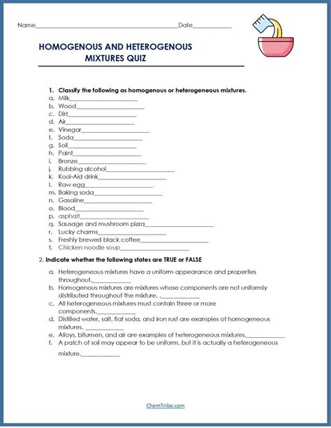 Homogeneous and Heterogeneous Mixture Worksheet - ChemTribe