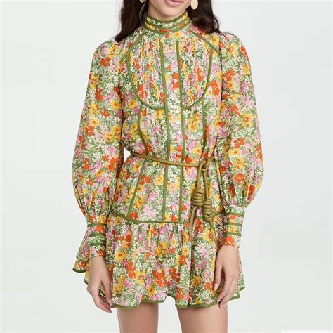 Retro floral shirt dress niche stand collar puff sleeve short skirt ho ...