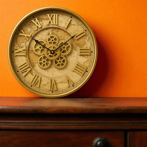 Vintage World Map Gear Wall Clock – 16 Inch, Roman Numerals, Golden Fr ...