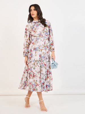 Buy Styli White Floral Print High Neck Gathered A Line Maxi Dress (S ...