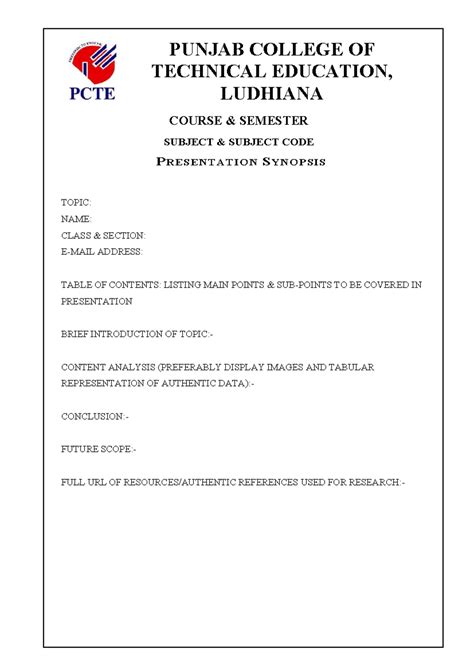 Synopsis Format BMPD - PUNJAB COLLEGE OF TECHNICAL EDUCATION, LUDHIANA ...