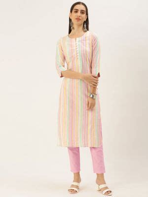 Buy Shaily Womens Pink Cotton Striped Straight Kurta With Pant (Set of ...