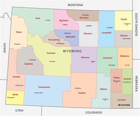 Wyoming counties map showing counties, main cities, and neighboring ...