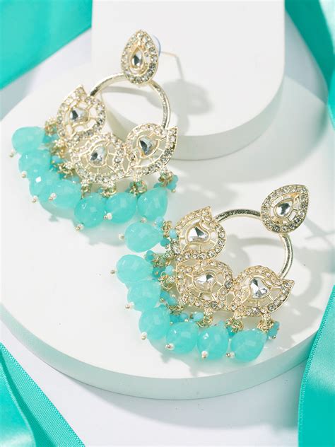Priyaasi Gold Plated Stone Studded Blue Beaded Drop Earrings