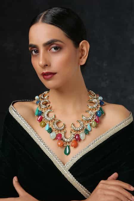 Buy Multi Color Pearls, Kundan, Gold Plating, Silver Alloy Moon ...