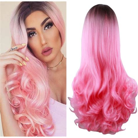 AneShe Ombre Wig Long Wavy 2 Tone Black and Pink Ombre Wig Dark Roots ...