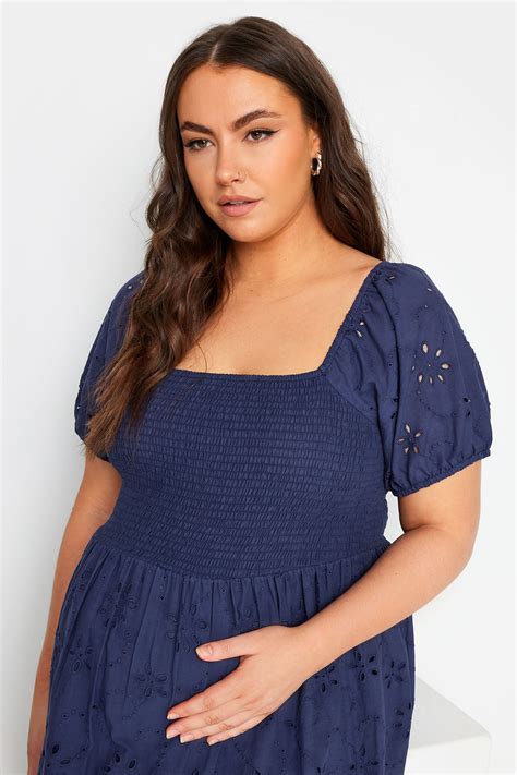 BUMP IT UP MATERNITY Plus Size Navy Blue Cotton Broderie Midi Dress ...