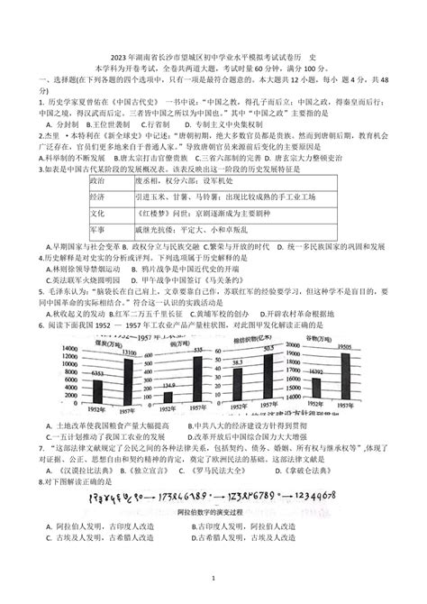2023年湖南省长沙市初中学业水平考试历史试题（图片版，有答案）-中学历史教学园地