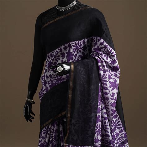 Purple Chanderi Silk Hand Block Print Sanganeri Saree with Zari Border
