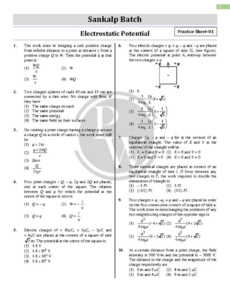 DPP 1 - Practice Material on Electrostatic Potential - Studocu