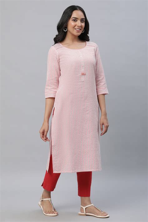 Buy Peach Stripe Textured Cotton Kurta and Trouser Set Online for Woman ...