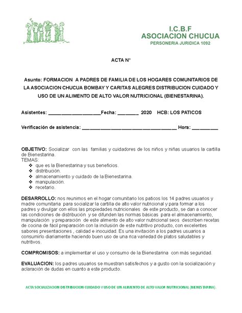 ACTA - Socializacion bienestarina - ACTA N° Asunto: FORMACION A PADRES ...