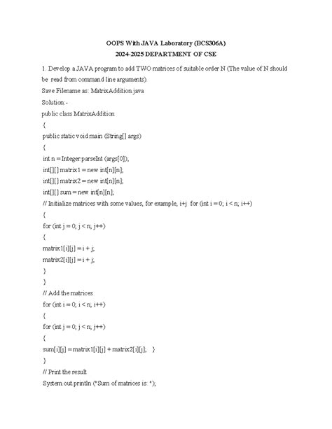 OOPS with JAVA Lab Exercise: Matrix Addition (BCS306A) - Studocu