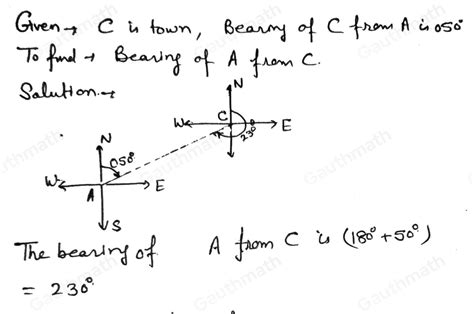 Solved: is a town. The bearing of C from A is 050° Find the bearing of ...